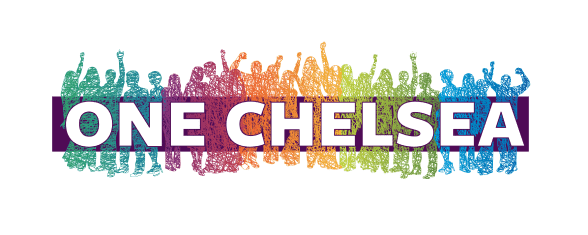 A graphic of rainbow silhouettes of people on top a purple horizontal rectangle and underneath white text which reads ONE CHELSEA