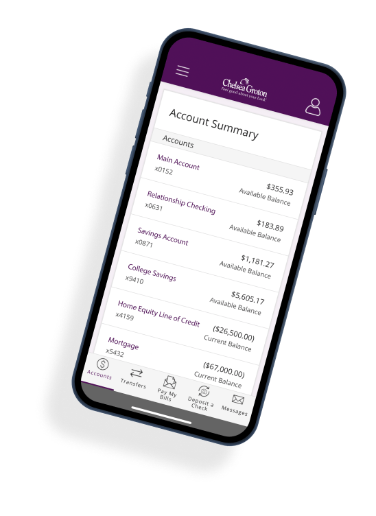 Chelsea Groton online banking account open on a smartphone