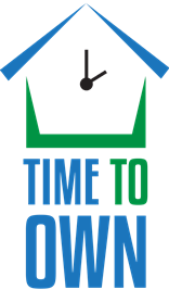 A graphic of a green house with a blue roof and black clock hands above blue and green text that  reads "TIME TO OWN"